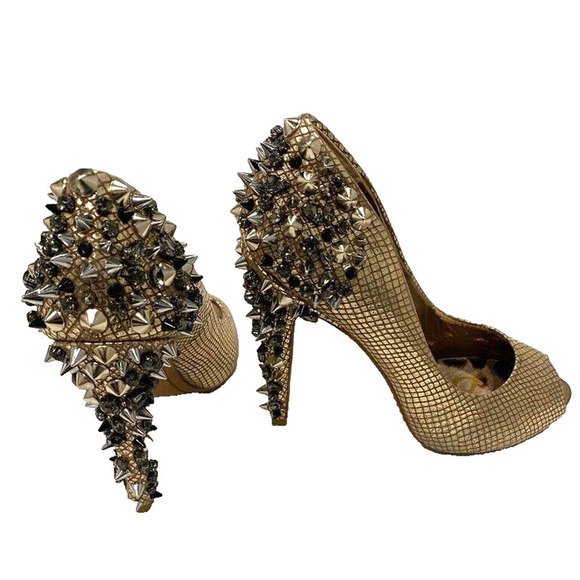 Sam Edelman - Lorrisa model, leather gold studded peep toe stiletto , 8 1/2 M - Picture 4 of 7